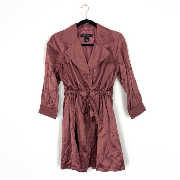 Nine West Pink Mauve Dusty Rose Drawstring 3/4 Puff Sleeve Metallic Trench Coat